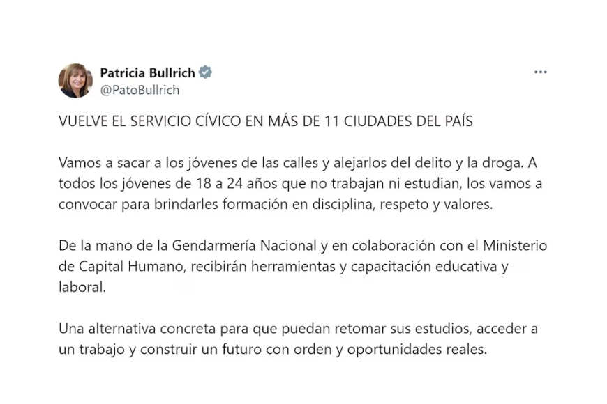 Patricia Bullrich anunció el regreso del Servicio Cívico