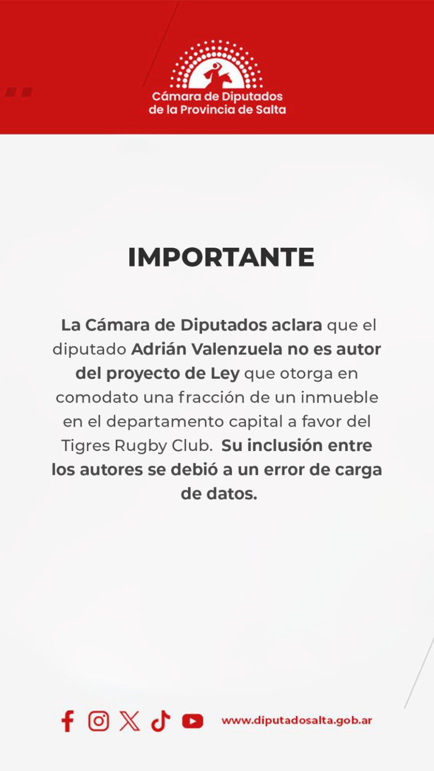 DIPUTADO ADRIAN  VALENZUELA - No acompañe ni vote a favor del proyecto de la cesión de tierras de finca las costas